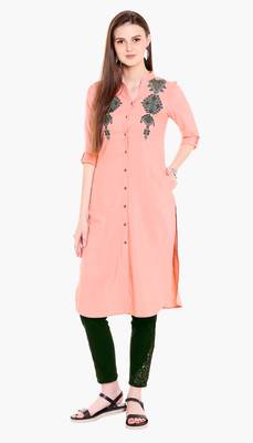 Peach Viscose Rayon embroidery Three Quarter Sleeves V Neck stitched kurtas and kurtis 1