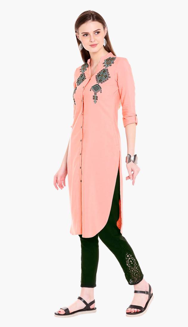 Peach Viscose Rayon embroidery Three Quarter Sleeves V Neck stitched kurtas and kurtis