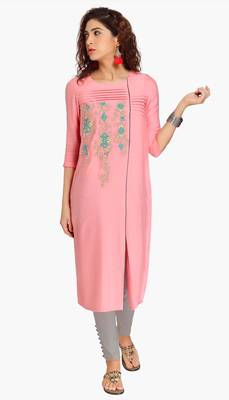 Pink Viscose Rayon embroidery Three Quarter Sleeves Round Neck stitched kurtas and kurtis 1