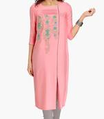 Pink Viscose Rayon embroidery Three Quarter Sleeves Round Neck stitched kurtas and kurtis