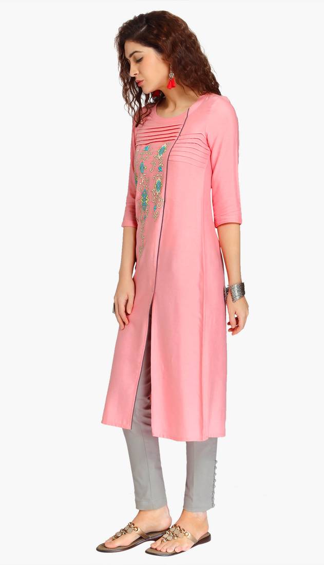 Pink Viscose Rayon embroidery Three Quarter Sleeves Round Neck stitched kurtas and kurtis