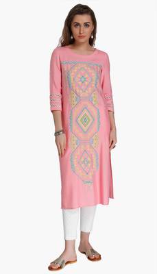 Pink Viscose Rayon embroidery Three Quarter Sleeves Round Neck stitched kurtas and kurtis 1