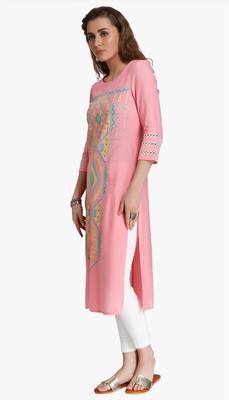 Pink Viscose Rayon embroidery Three Quarter Sleeves Round Neck stitched kurtas and kurtis 2