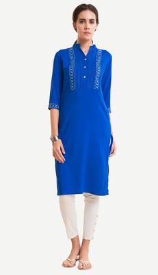 Blue Viscose Rayon embroidery Three Quarter Sleeves V Neck stitched kurtas and kurtis 1