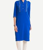 Blue Viscose Rayon embroidery Three Quarter Sleeves V Neck stitched kurtas and kurtis