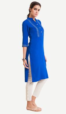 Blue Viscose Rayon embroidery Three Quarter Sleeves V Neck stitched kurtas and kurtis 2
