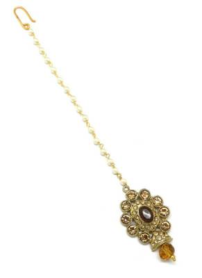 Jewellery Mehndi Polish Maang Tikka Decorated With Crystal & Pearl For Women/Girls 3