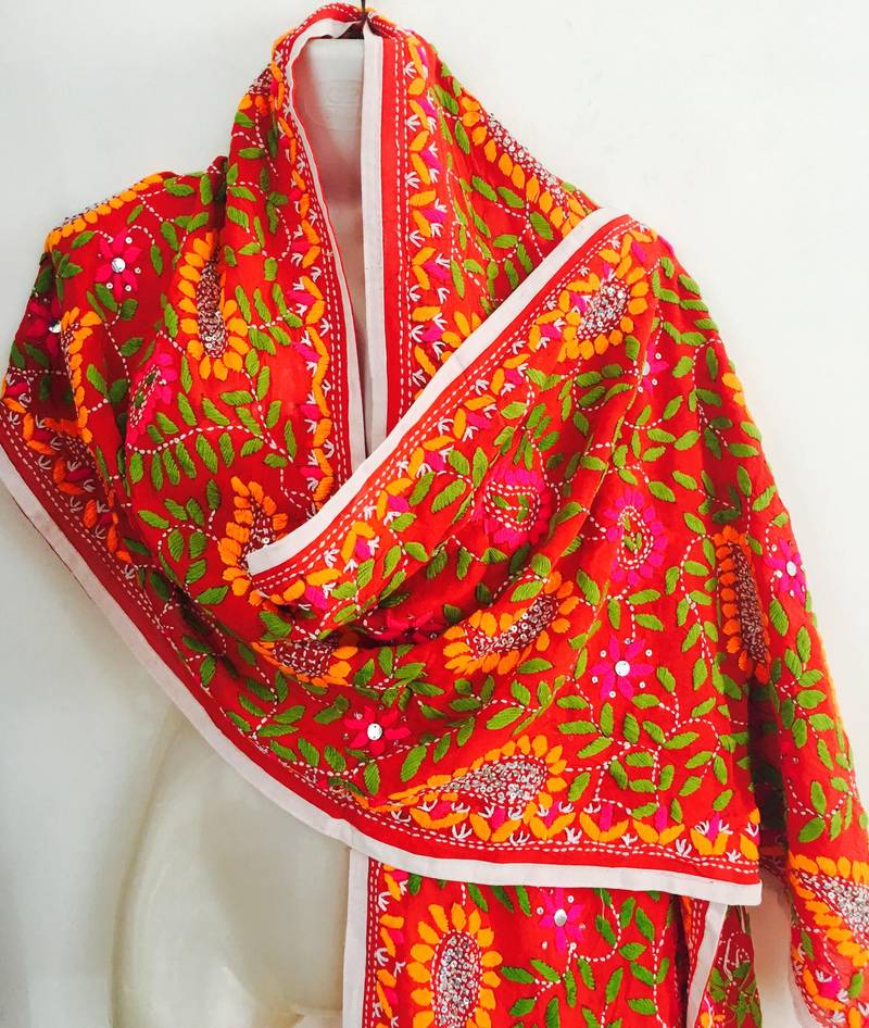 Multicolor Orange Stole Phulkari Embroidered Dupatta  Scarf