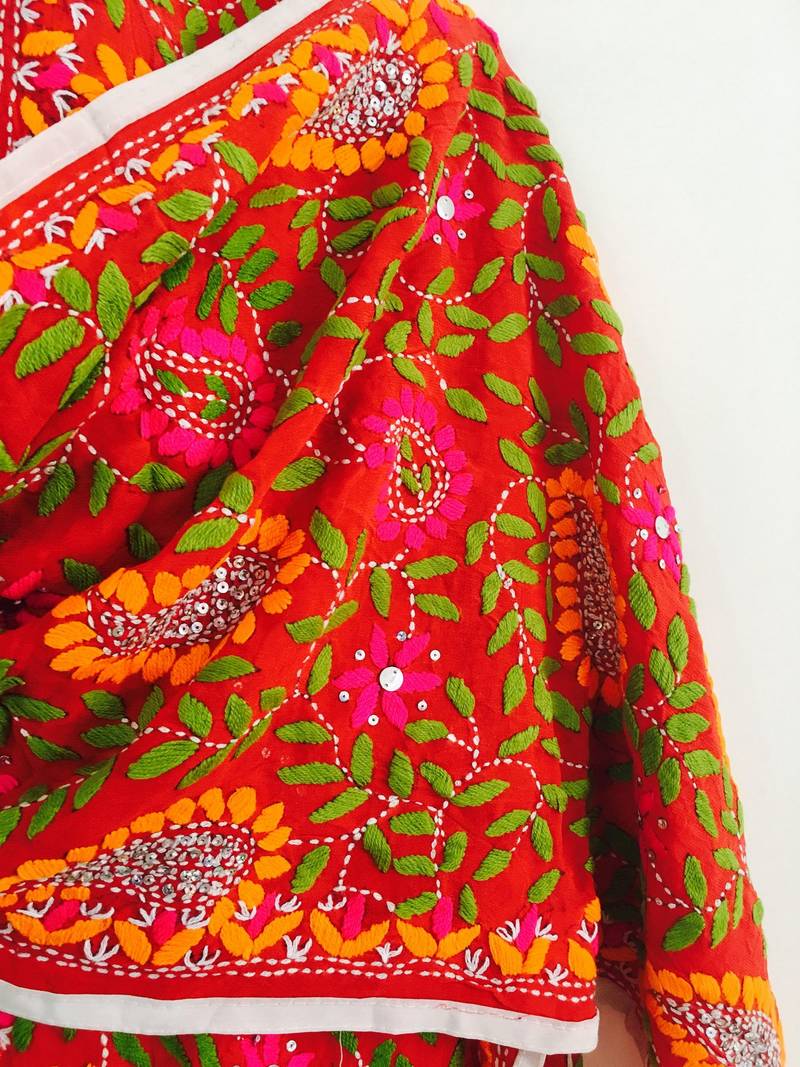 Multicolor Orange Stole Phulkari Embroidered Dupatta  Scarf