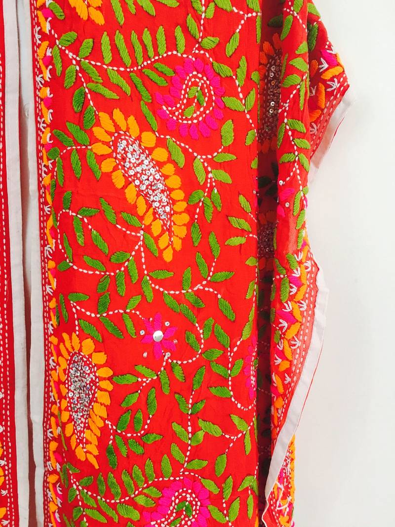 Multicolor Orange Stole Phulkari Embroidered Dupatta  Scarf