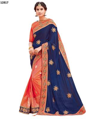 Navy blue embroidered silk saree with blouse 1