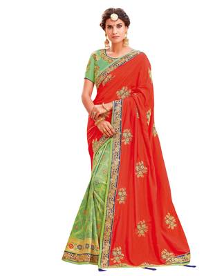 Red embroidered silk saree with blouse 1