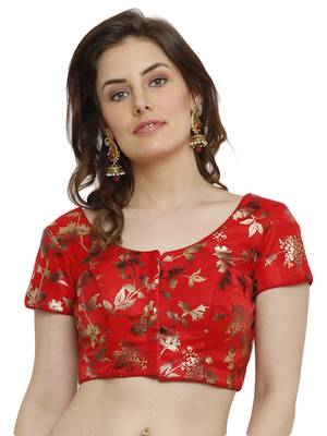 Dupion Silk With Digital Foil Print Red Princess Cut Readymade Saree Blouse 1