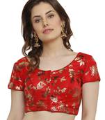 Dupion Silk With Digital Foil Print Red Princess Cut Readymade Saree Blouse