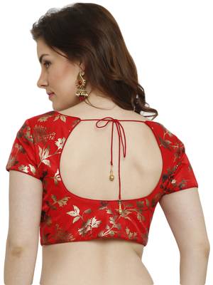 Dupion Silk With Digital Foil Print Red Princess Cut Readymade Saree Blouse 2