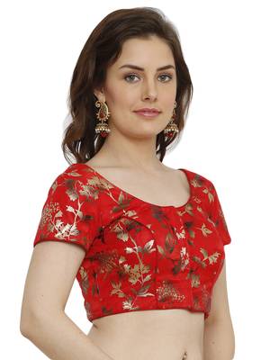 Dupion Silk With Digital Foil Print Red Princess Cut Readymade Saree Blouse 4