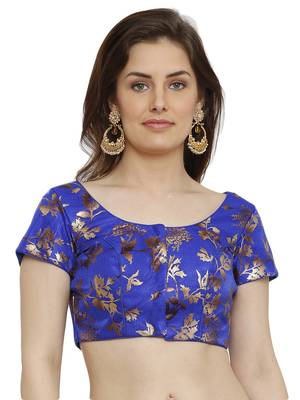 Dupion Silk With Digital Foil Print Blue Princess Cut Readymade Saree Blouse 1