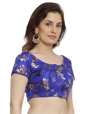 Dupion Silk With Digital Foil Print Blue Princess Cut Readymade Saree Blouse 3