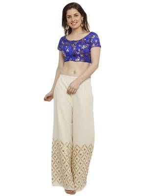 Dupion Silk With Digital Foil Print Blue Princess Cut Readymade Saree Blouse 5