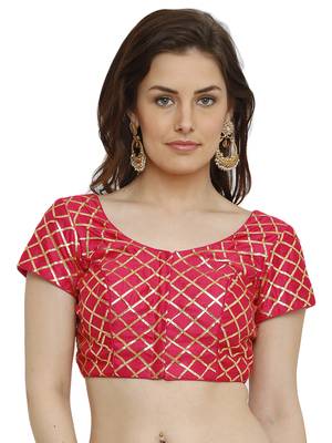 Banglori Silk With Gotta Patti Checks Pink Princess Cut Readymade Saree Blouse 1