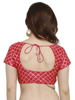 Banglori Silk With Gotta Patti Checks Pink Princess Cut Readymade Saree Blouse 2