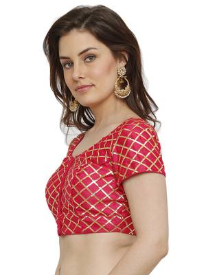 Banglori Silk With Gotta Patti Checks Pink Princess Cut Readymade Saree Blouse 3