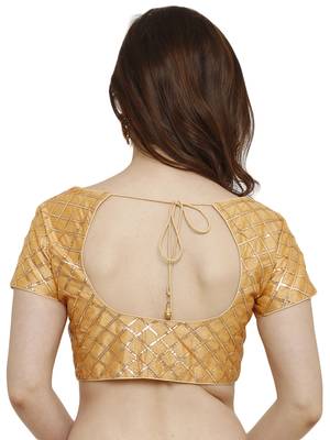 Banglori Silk With Gotta Patti Checks Dark Gold Princess Cut Readymade Saree Blouse 2