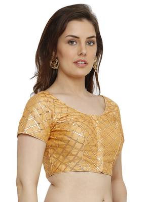 Banglori Silk With Gotta Patti Checks Dark Gold Princess Cut Readymade Saree Blouse 3