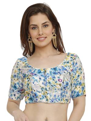 Banglori Silk White & Blue Princess Cut Readymade Saree Blouse 1