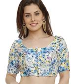 Banglori Silk White & Blue Princess Cut Readymade Saree Blouse