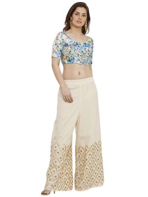 Banglori Silk White & Blue Princess Cut Readymade Saree Blouse 5