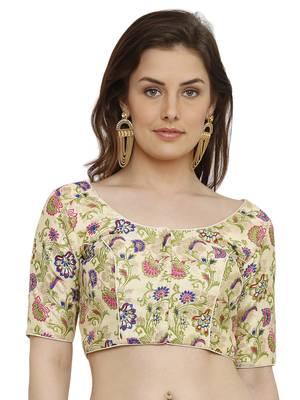 Dupion Silk With Digital Foil Print Gold Princess Cut Readymade Saree Blouse 1