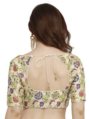Dupion Silk With Digital Foil Print Gold Princess Cut Readymade Saree Blouse 2