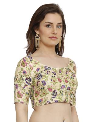 Dupion Silk With Digital Foil Print Gold Princess Cut Readymade Saree Blouse 3