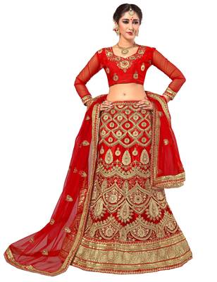 Red embroidered net semi stitched lehenga with dupatta 1
