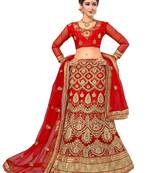 Red embroidered net semi stitched lehenga with dupatta