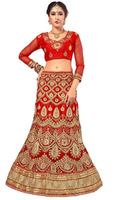 Red embroidered net semi stitched lehenga with dupatta 2