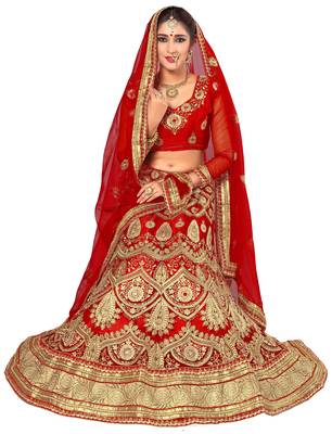 Red embroidered net semi stitched lehenga with dupatta 4