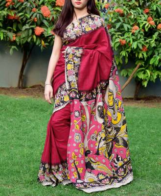 Maroon Printed Cotton Saree With Blouse 1