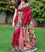 Maroon Printed Cotton Saree With Blouse