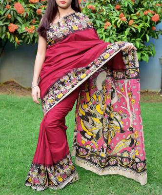 Maroon Printed Cotton Saree With Blouse 2