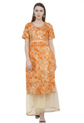 Orange printed silk silk-kurtis 1
