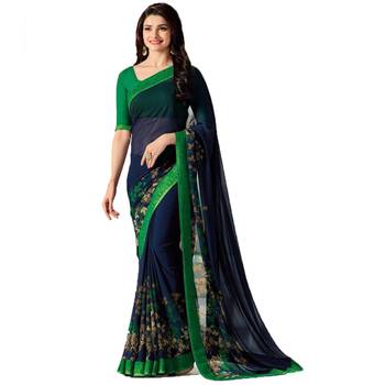 blue printed georgette saree with blouse 1