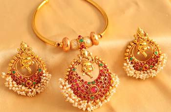 Ganesha Bali Pink And Green  Necklace Set With Matching Earrings 1