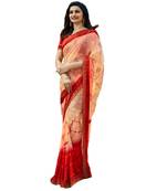 peach printed georgette saree with blouse