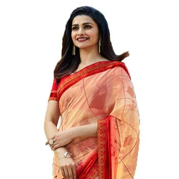 peach printed georgette saree with blouse 2