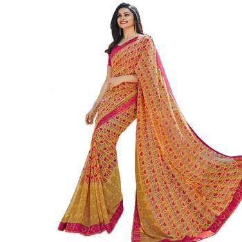yellow printed georgette saree with blouse 1