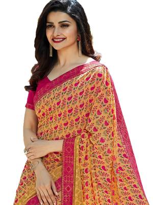 yellow printed georgette saree with blouse 4