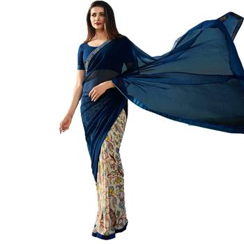 blue printed georgette saree with blouse 1