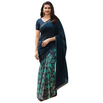 blue printed georgette saree with blouse 1